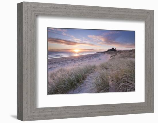 Sunrise over Bamburgh Beach and Castle from the Sand Dunes, Northumberland, England. Spring (March)-Adam Burton-Framed Photographic Print