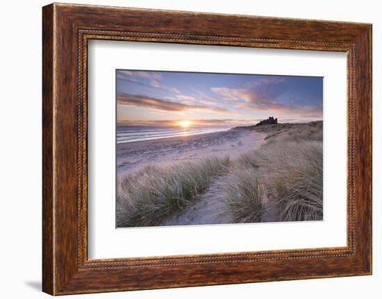 Sunrise over Bamburgh Beach and Castle from the Sand Dunes, Northumberland, England. Spring (March)-Adam Burton-Framed Photographic Print