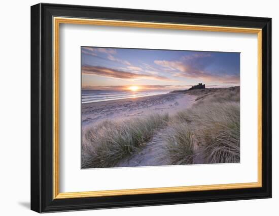 Sunrise over Bamburgh Beach and Castle from the Sand Dunes, Northumberland, England. Spring (March)-Adam Burton-Framed Photographic Print