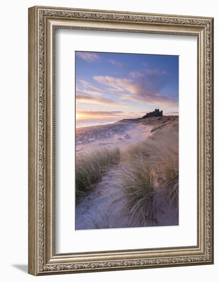 Sunrise over Bamburgh Beach and Castle from the Sand Dunes, Northumberland, England. Spring (March)-Adam Burton-Framed Photographic Print