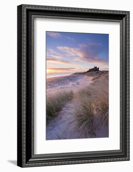 Sunrise over Bamburgh Beach and Castle from the Sand Dunes, Northumberland, England. Spring (March)-Adam Burton-Framed Photographic Print