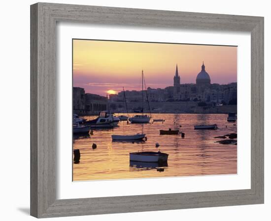 Sunrise over Msida Creek to Valletta with Dome of Carmelite Church, Valletta, Malta, Mediterranean,-Stuart Black-Framed Photographic Print