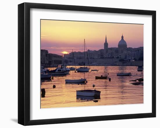 Sunrise over Msida Creek to Valletta with Dome of Carmelite Church, Valletta, Malta, Mediterranean,-Stuart Black-Framed Photographic Print