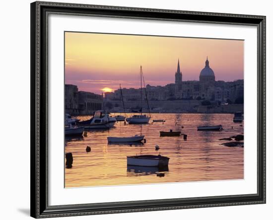 Sunrise over Msida Creek to Valletta with Dome of Carmelite Church, Valletta, Malta, Mediterranean,-Stuart Black-Framed Photographic Print