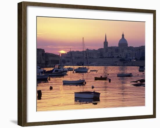 Sunrise over Msida Creek to Valletta with Dome of Carmelite Church, Valletta, Malta, Mediterranean,-Stuart Black-Framed Photographic Print