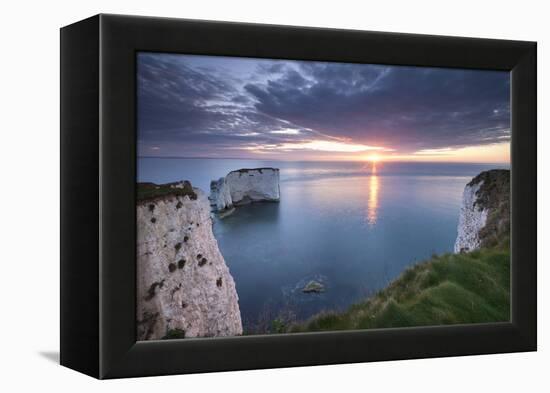 Sunrise over Old Harry Rocks, Jurassic Coast, Dorset, England. Spring-Adam Burton-Framed Premier Image Canvas