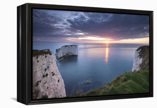 Sunrise over Old Harry Rocks, Jurassic Coast, Dorset, England. Spring-Adam Burton-Framed Premier Image Canvas