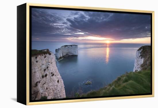 Sunrise over Old Harry Rocks, Jurassic Coast, Dorset, England. Spring-Adam Burton-Framed Premier Image Canvas