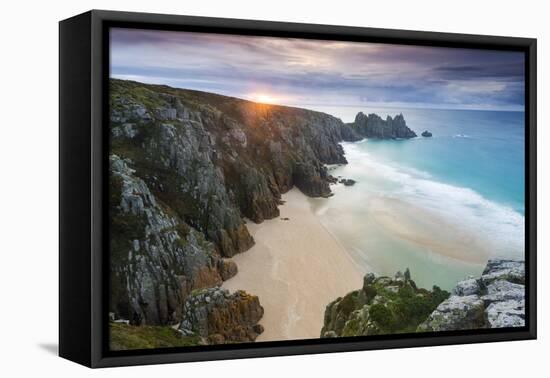 Sunrise over Pednvounder Beach at the Logan Rock, Cornwall, England.-Adam Burton-Framed Premier Image Canvas