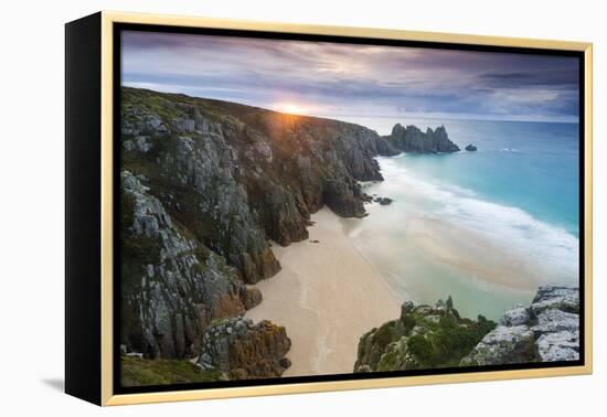 Sunrise over Pednvounder Beach at the Logan Rock, Cornwall, England.-Adam Burton-Framed Premier Image Canvas