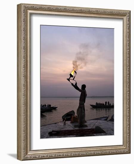 Sunrise Ritual at the River Ganges, Varanasi (Benares), Uttar Pradesh, India, Asia-Jochen Schlenker-Framed Photographic Print