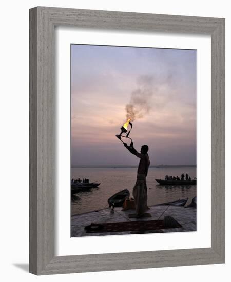 Sunrise Ritual at the River Ganges, Varanasi (Benares), Uttar Pradesh, India, Asia-Jochen Schlenker-Framed Photographic Print