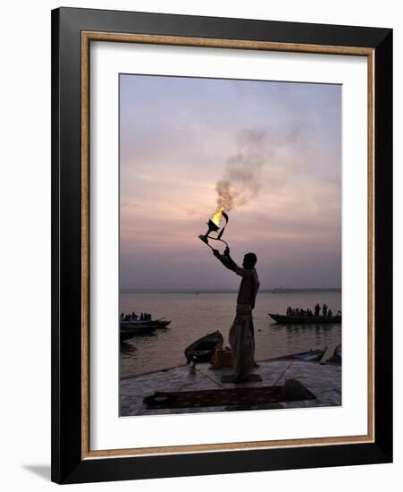 Sunrise Ritual at the River Ganges, Varanasi (Benares), Uttar Pradesh, India, Asia-Jochen Schlenker-Framed Photographic Print