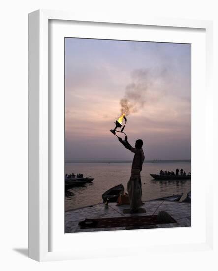 Sunrise Ritual at the River Ganges, Varanasi (Benares), Uttar Pradesh, India, Asia-Jochen Schlenker-Framed Photographic Print