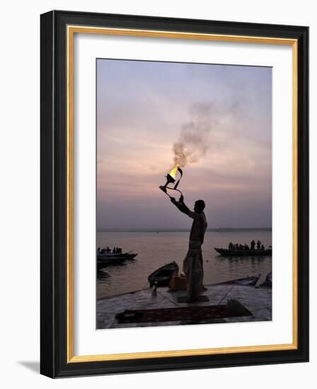 Sunrise Ritual at the River Ganges, Varanasi (Benares), Uttar Pradesh, India, Asia-Jochen Schlenker-Framed Photographic Print