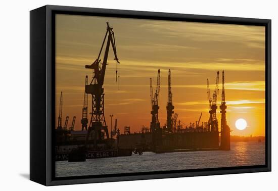 Sunset Above the Elbe with the Scenery of the Shipyard Cranes in the Swimming Dock-Uwe Steffens-Framed Premier Image Canvas