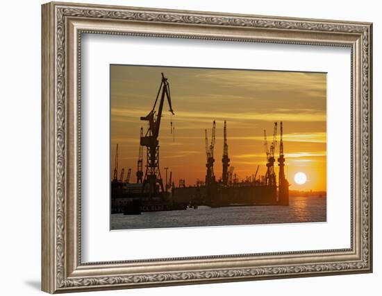 Sunset Above the Elbe with the Scenery of the Shipyard Cranes in the Swimming Dock-Uwe Steffens-Framed Photographic Print