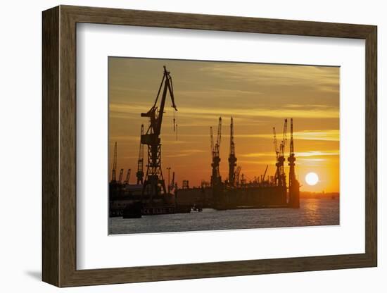 Sunset Above the Elbe with the Scenery of the Shipyard Cranes in the Swimming Dock-Uwe Steffens-Framed Photographic Print