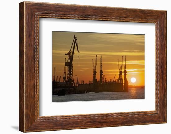 Sunset Above the Elbe with the Scenery of the Shipyard Cranes in the Swimming Dock-Uwe Steffens-Framed Photographic Print