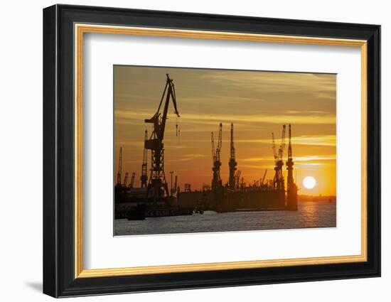 Sunset Above the Elbe with the Scenery of the Shipyard Cranes in the Swimming Dock-Uwe Steffens-Framed Photographic Print