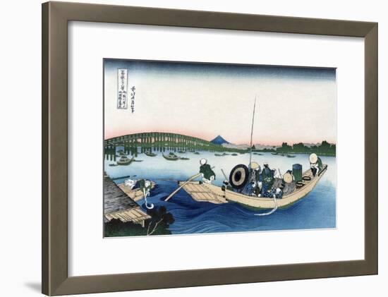 Sunset across Ryogoku Bridge from the Bank of the Sumida River at Onmayyagashi-Katsushika Hokusai-Framed Art Print