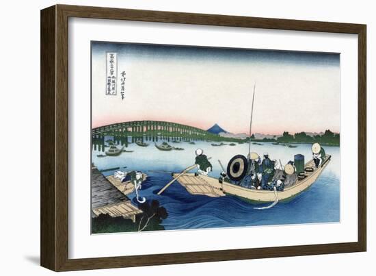 Sunset across Ryogoku Bridge from the Bank of the Sumida River at Onmayyagashi-Katsushika Hokusai-Framed Art Print