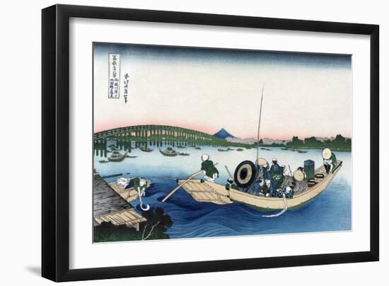 Sunset across Ryogoku Bridge from the Bank of the Sumida River at Onmayyagashi-Katsushika Hokusai-Framed Art Print