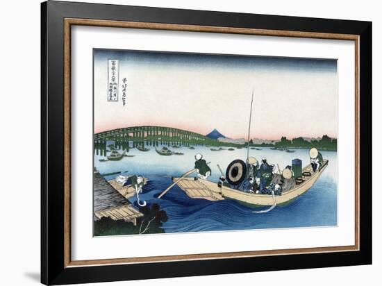 Sunset across Ryogoku Bridge from the Bank of the Sumida River at Onmayyagashi-Katsushika Hokusai-Framed Art Print