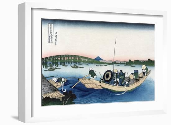 Sunset across Ryogoku Bridge from the Bank of the Sumida River at Onmayyagashi-Katsushika Hokusai-Framed Art Print