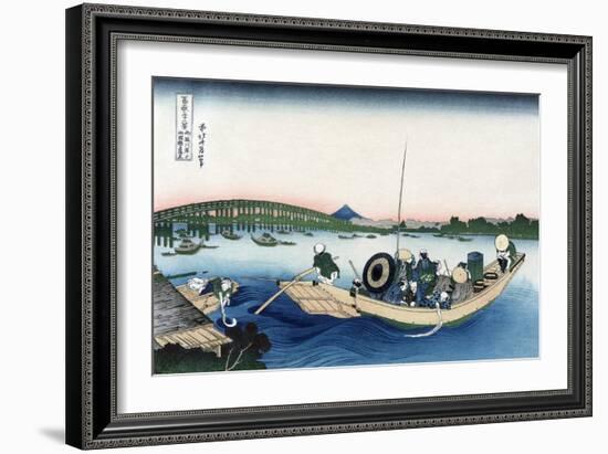 Sunset across Ryogoku Bridge from the Bank of the Sumida River at Onmayyagashi-Katsushika Hokusai-Framed Art Print