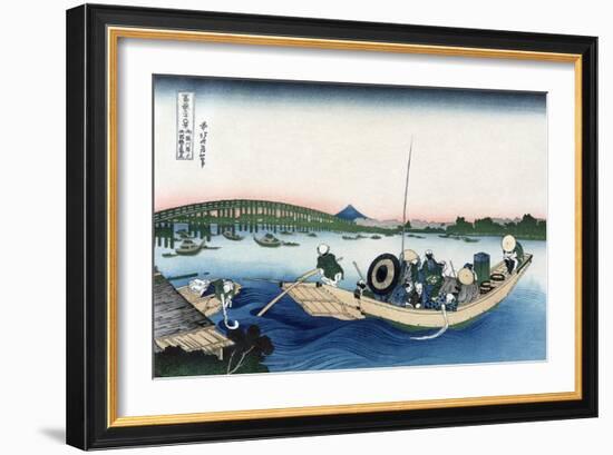 Sunset across Ryogoku Bridge from the Bank of the Sumida River at Onmayyagashi-Katsushika Hokusai-Framed Art Print