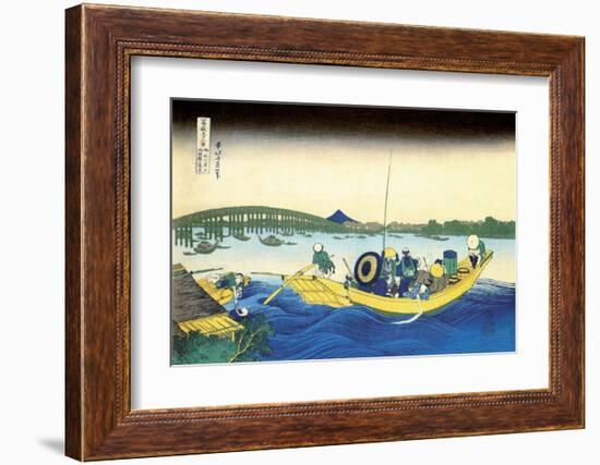 Sunset across the Ryogoku Bridge from Sumida River-Katsushika Hokusai-Framed Art Print