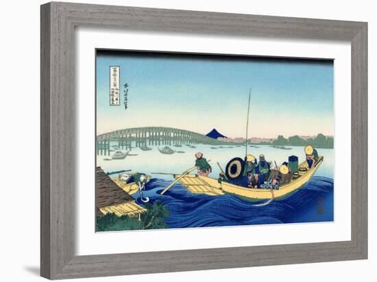 Sunset Across the Ryogoku Bridge from the Bank of the Sumida River at Onmagayashi in Edo, c.1830-Katsushika Hokusai-Framed Giclee Print