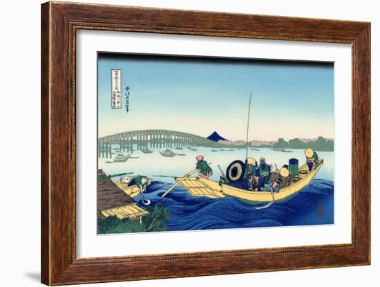 Sunset Across the Ryogoku Bridge from the Bank of the Sumida River at Onmagayashi in Edo, c.1830-Katsushika Hokusai-Framed Giclee Print