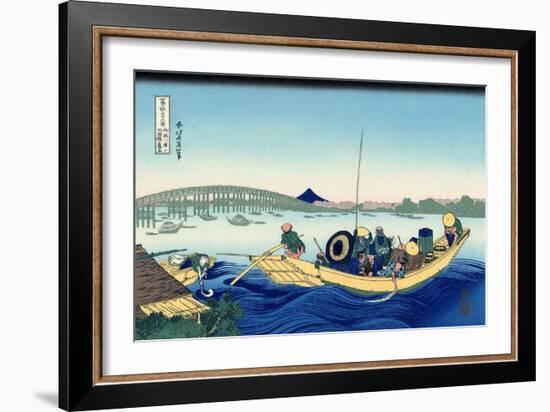 Sunset Across the Ryogoku Bridge from the Bank of the Sumida River at Onmagayashi in Edo, c.1830-Katsushika Hokusai-Framed Giclee Print