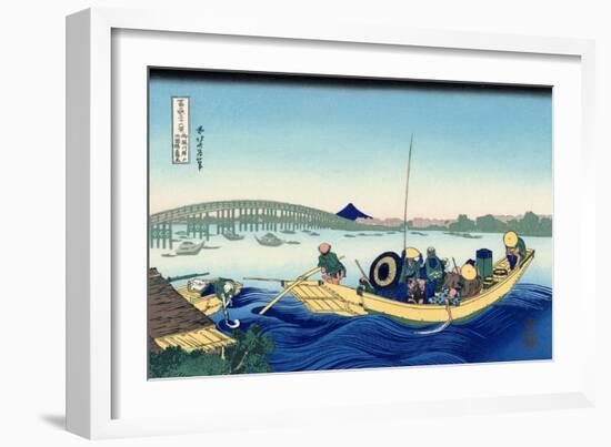 Sunset Across the Ryogoku Bridge from the Bank of the Sumida River at Onmagayashi in Edo, c.1830-Katsushika Hokusai-Framed Giclee Print