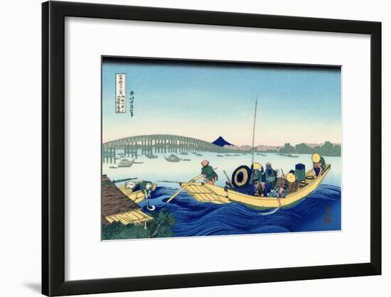 Sunset Across the Ryogoku Bridge from the Bank of the Sumida River at Onmagayashi in Edo, c.1830-Katsushika Hokusai-Framed Giclee Print