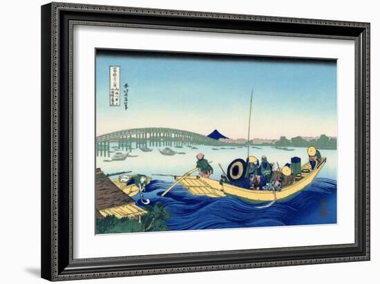 Sunset Across the Ryogoku Bridge from the Bank of the Sumida River at Onmagayashi in Edo, c.1830-Katsushika Hokusai-Framed Giclee Print