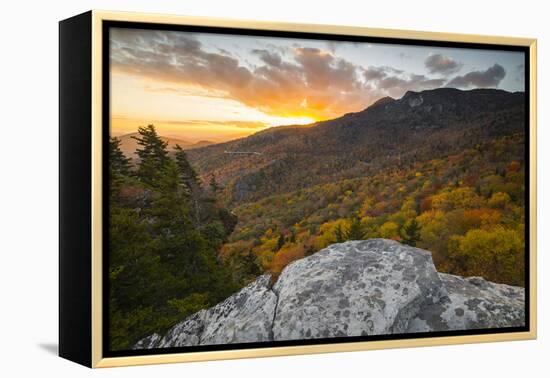 Sunset and autumn color at Grandfather Mountain, located on the Blue Ridge Parkway, North Carolina,-Jon Reaves-Framed Premier Image Canvas