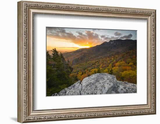 Sunset and autumn color at Grandfather Mountain, located on the Blue Ridge Parkway, North Carolina,-Jon Reaves-Framed Photographic Print