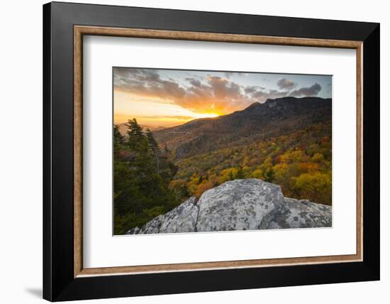 Sunset and autumn color at Grandfather Mountain, located on the Blue Ridge Parkway, North Carolina,-Jon Reaves-Framed Photographic Print