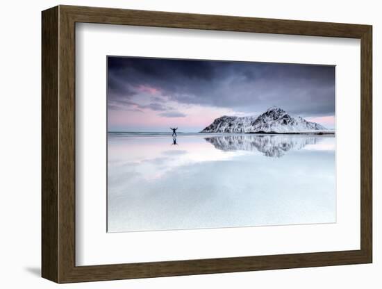 Sunset and Hiker on Skagsanden Beach Surrounded by Snow Covered Mountains-Roberto Moiola-Framed Photographic Print