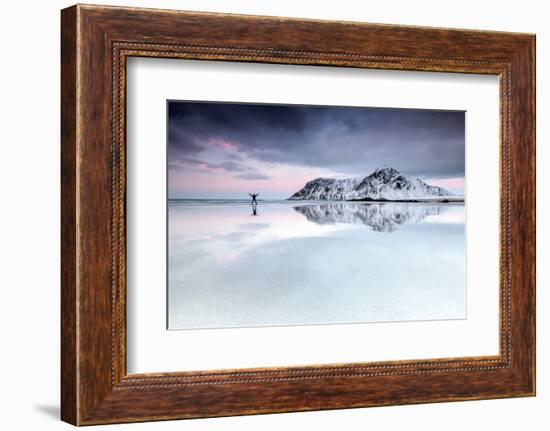 Sunset and Hiker on Skagsanden Beach Surrounded by Snow Covered Mountains-Roberto Moiola-Framed Photographic Print