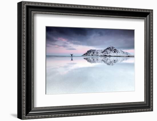 Sunset and Hiker on Skagsanden Beach Surrounded by Snow Covered Mountains-Roberto Moiola-Framed Photographic Print