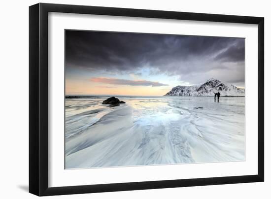 Sunset and Hikers on Skagsanden Beach Surrounded by Snow Covered Mountains-Roberto Moiola-Framed Photographic Print