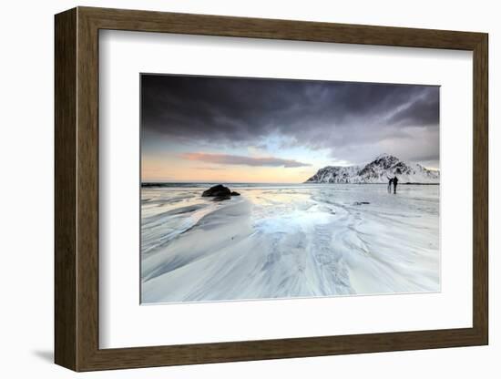 Sunset and Hikers on Skagsanden Beach Surrounded by Snow Covered Mountains-Roberto Moiola-Framed Photographic Print