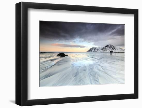 Sunset and Hikers on Skagsanden Beach Surrounded by Snow Covered Mountains-Roberto Moiola-Framed Photographic Print