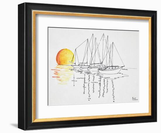 Sunset and sailboat reflection over the bay, Concarneau, Brittany-Richard Lawrence-Framed Photographic Print