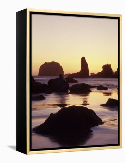 Sunset and Seastacks, Bandon Beach, Oregon, USA-Darrell Gulin-Framed Premier Image Canvas