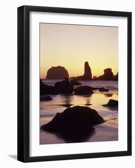 Sunset and Seastacks, Bandon Beach, Oregon, USA-Darrell Gulin-Framed Photographic Print